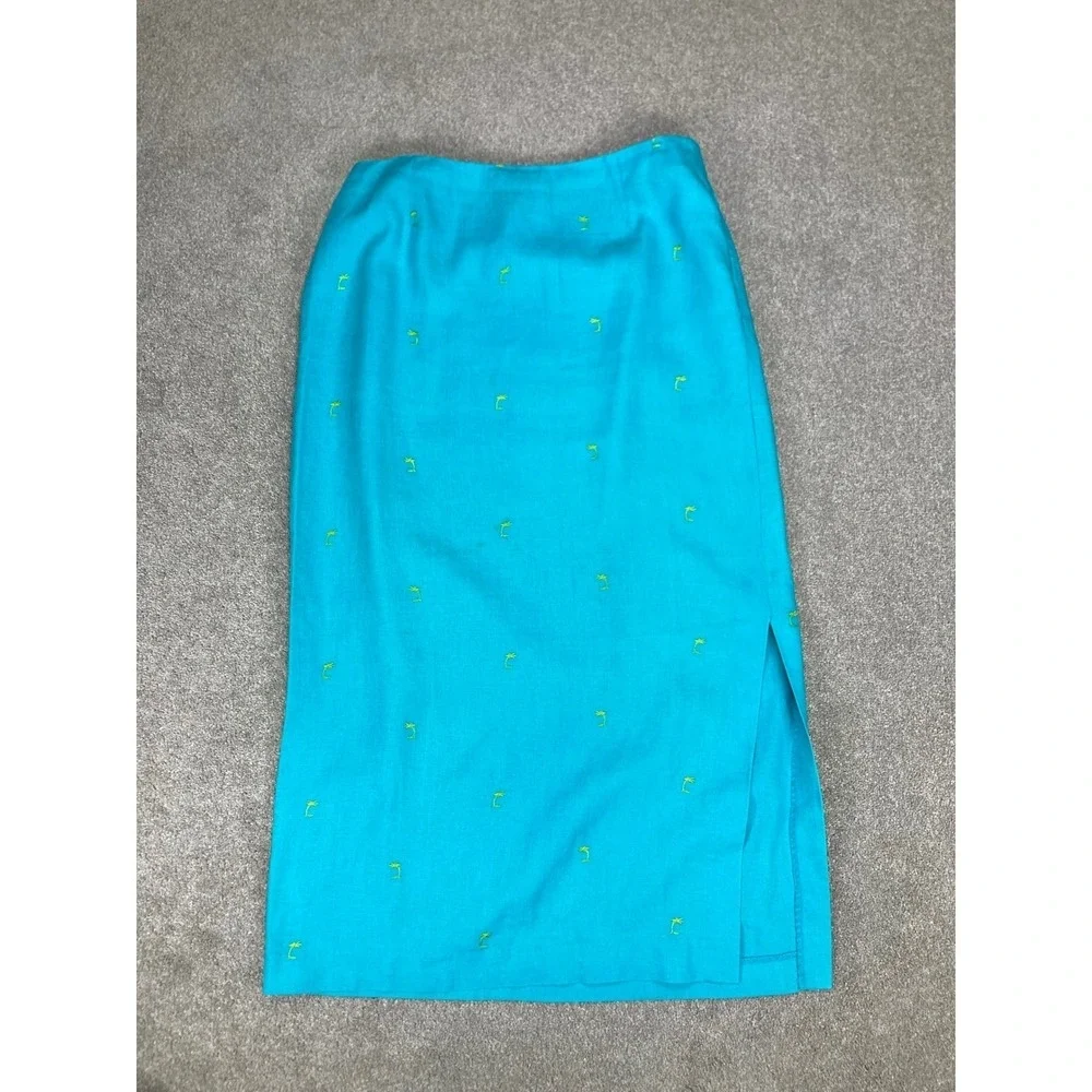 David Brooks VTG Linen Embroidered Midi Skirt Womens 14 Blue Summer Coastal Chic